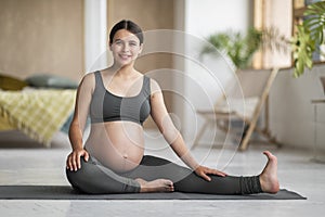 Fitness During Pregnancy. Beautiful Young Pregnant Woman In Activewear Posing At Home