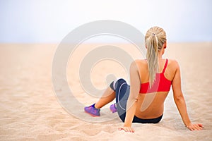 Fitness, relax and back of woman on beach for exercise, training and workout in nature. Summer, sports and person on