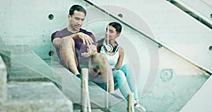 Fitness, relax or couple on steps talking, conversation or speaking of workout, exercise or wellness. Story, gossip or