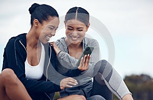 Fitness, relax and friends on phone after exercise networking on social media with technology. Sports training, workout