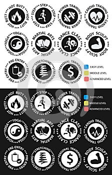 Fitness round icons with training and difficulty levels for scheduling in fitness and sports clubs.