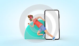 Fitness running app concept. 3d Rendering. Cartoon character.male runner with a blank smartphone