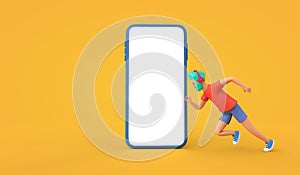 Fitness running app concept. 3d Rendering. Cartoon character.male runner with a blank smartphone