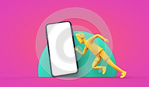 Fitness running app concept. 3d Rendering. Cartoon character.male runner with a blank smartphone