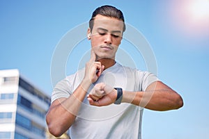 Fitness, running and pulse with man and watch check for training, heart rate and wellness app. Workout, exercise and