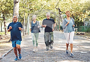 Fitness, running and senior people in park for healthy lifestyle, body wellness and cardio wellbeing. Sports, retirement