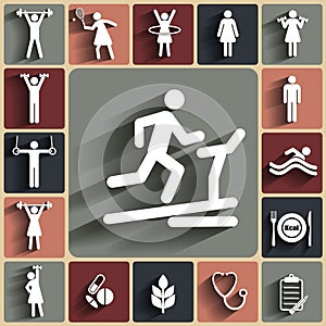 Fitness seamless background with flat icons. Sport pattern.