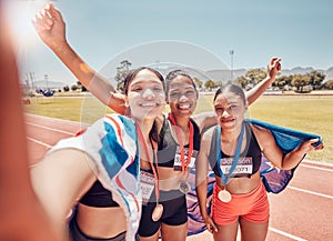 Fitness selfie, runner friends or winner sport women celebration, winning or trophy for event, race or marathon. Girl