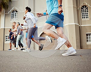 Fitness, senior or people running in a marathon race or cardio exercise challenge on city street road for wellness