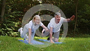 Fitness for seniors. Happy elderly man and woman exercising at public park, making active yoga exercise, slow motion