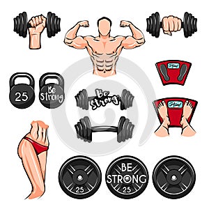 Fitness set. Sport. Gym theme illustrations created with dumbbells, disc weights sport. Vector. photo