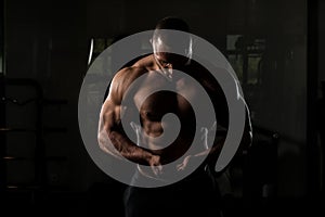 Fitness Shaped Muscle Man Posing In Dark Gym