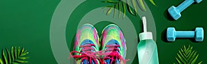 Fitness shoes and dumbbells with tropical plants