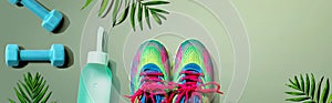 Fitness shoes and dumbbells with tropical plants