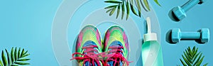 Fitness shoes and dumbbells with tropical plants
