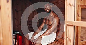 Fitness, smile and black man sweating in sauna of gym to relax for health, wellness or detox. Portrait, spa and bathroom