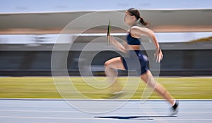 Fitness, speed and runner, woman running relay race with athlete and training on stadium track for sports and cardio