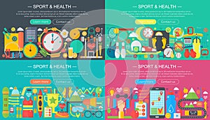 Fitness and sport concept with exercise equipment, diet food, bodybuilding and training. Horizontal flat vector banners