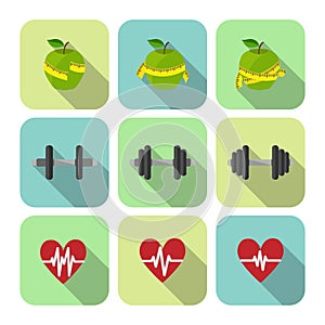 Fitness sport exercises progress icons set