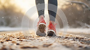 Fitness, sport and healthy lifestyle concept - close up of female feet running along winter road and snow