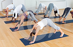 Fitness, sport and healthy lifestyle concept - woman doing yoga downward-facing dog pose on mat