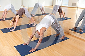 Fitness, sport and healthy lifestyle concept - woman doing yoga downward-facing dog pose on mat