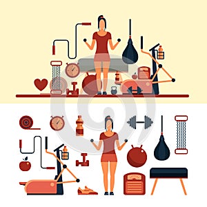 Fitness sport objects isolated on white background. Vector design elements and icons.