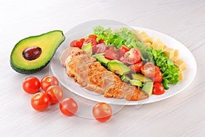 Fitness, sport salad on a wooden background