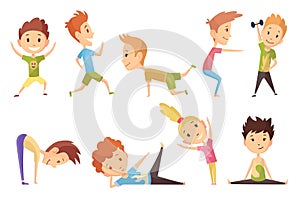 Fitness sport. Set of boys and girl making gymnastic exercises. Funny cartoon colorful characters. Cute gymnastics for