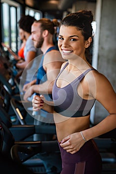 Fitness, sport, training, gym concept. Group of smiling people exercising in the gym