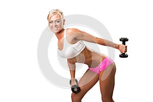 Fitness sport women smiling happy with dumbbell