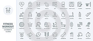 Fitness sport workout in gym thin line icons set, kettlebell and barbell, dumbbell