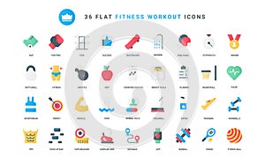 Fitness sport workout in gym trendy flat icons set, kettlebell and barbell, dumbbell