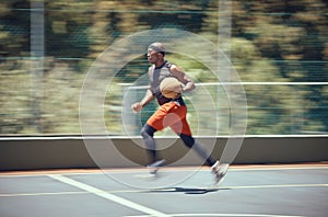 Fitness, sports and basketball player in action running on the court for a cardio workout, training and exercise