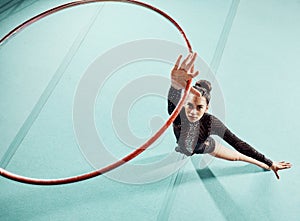 Fitness, sports and hula hoop stage dancer exercise, workout and training for balance, dancing and pattern movement