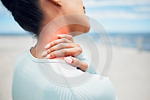 Fitness, sports and injury, woman with neck pain on outdoor workout closeup. Workout pain, girl with hand on neck and