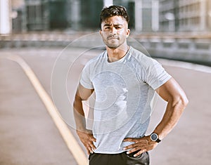 Fitness, sports and runner with motivation, wellness goals and vision in city, town or dowtown. Portrait of active