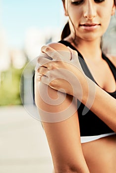 Fitness, sports and woman with shoulder pain, injury and training with stress, inflammation and workout. Female person