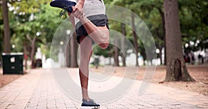 Fitness, stretch and legs for male runner, cardio and activewear in park or nature. Workout, health and muscle warm up