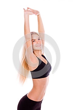 Fitness stretching woman portrait isolated on white background.