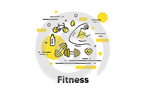 Fitness strong arm line icon. Muscle hand, muscular gym fit, dumbbell workout. Vector