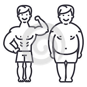 Fitness,before and after,strong man,fat guy vector line icon, sign, illustration on background, editable strokes