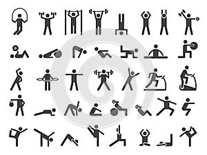 Fitness symbols. Sport exercise stylized people making exercises vector icon