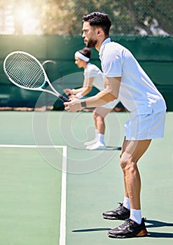 Fitness, teamwork and couple in a tennis partnership for a doubles workout game or training match in summer. Wellness