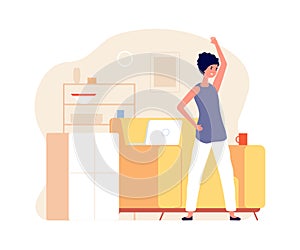 Fitness time. Girl stretching, woman doing exercices. Home office worker, freelance vector illustration