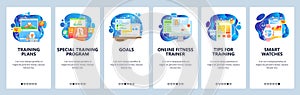 Fitness tracker app, sport training plan in mobile phone, fitness gadget. Mobile app onboarding screens. Menu vector