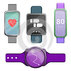 Fitness tracker icons set, cartoon style