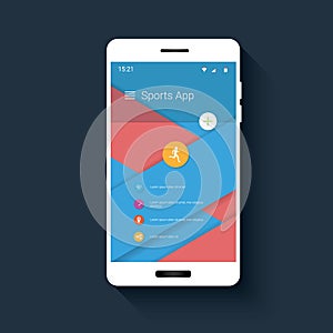 Fitness tracker mobile user interface with icons for sport monitor app. Smartphone gui on red, blue material design