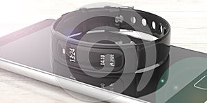 Fitness tracker, smart watch and mobile phone on white background, closeup view. 3d illustration