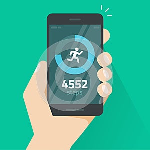 Fitness tracking app on mobile phone screen vector illustration, smartphone with run tracker, walk steps counter